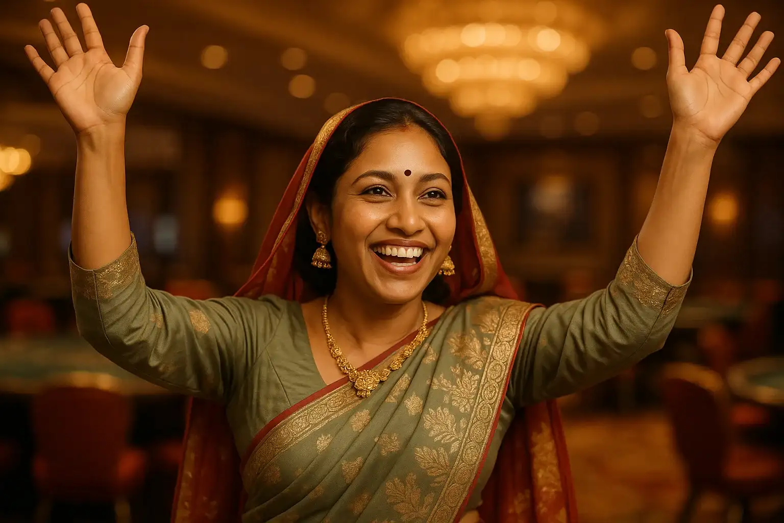 Joyful Bangladeshi woman in traditional attire celebrating in VIP casino lounge