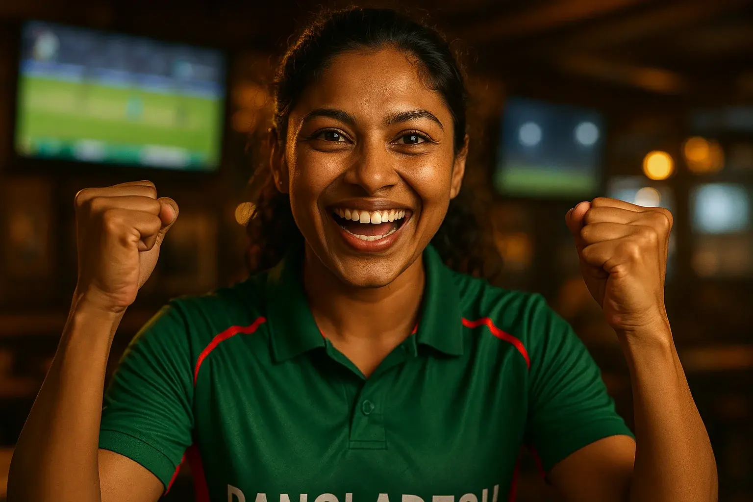 Enthusiastic Bangladeshi woman in cricket jersey celebrating with raised fists