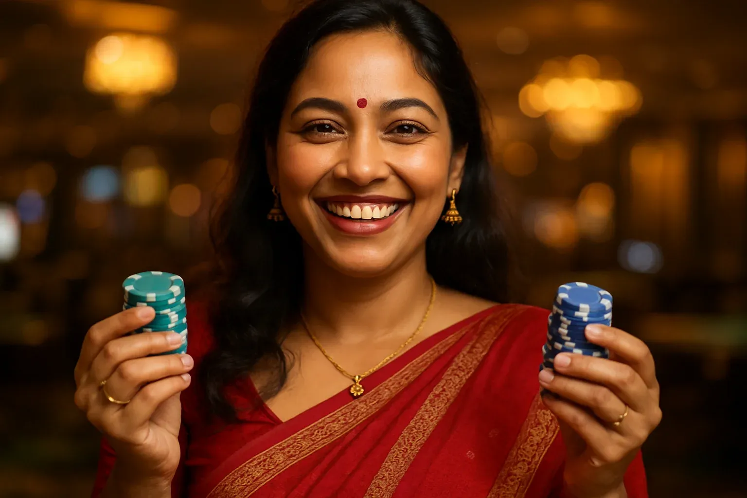 Joyful Bangladeshi woman holding casino chips in VIP lounge