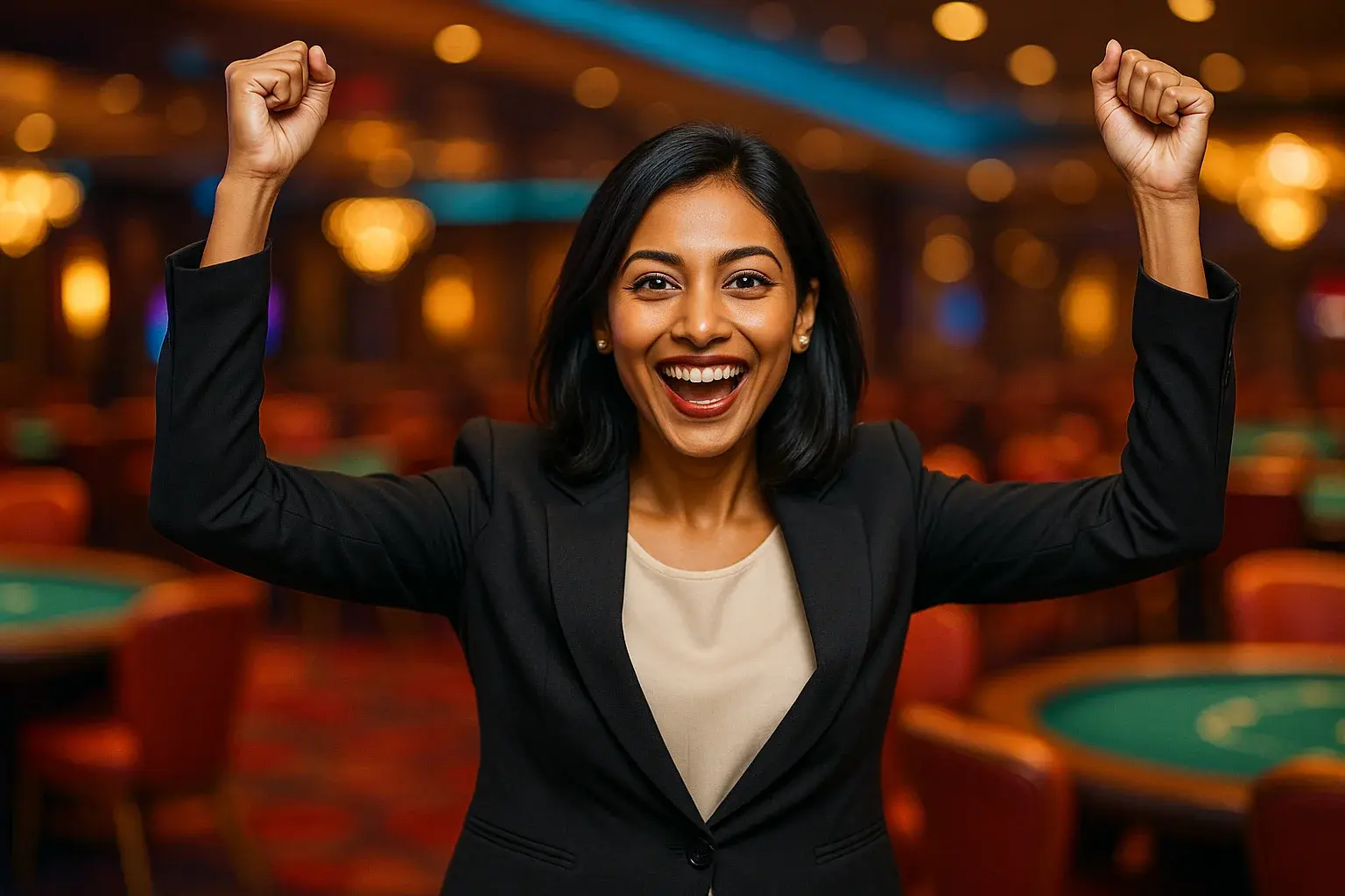 Elegant Bangladeshi woman celebrating with raised arms in casino lounge bokeh