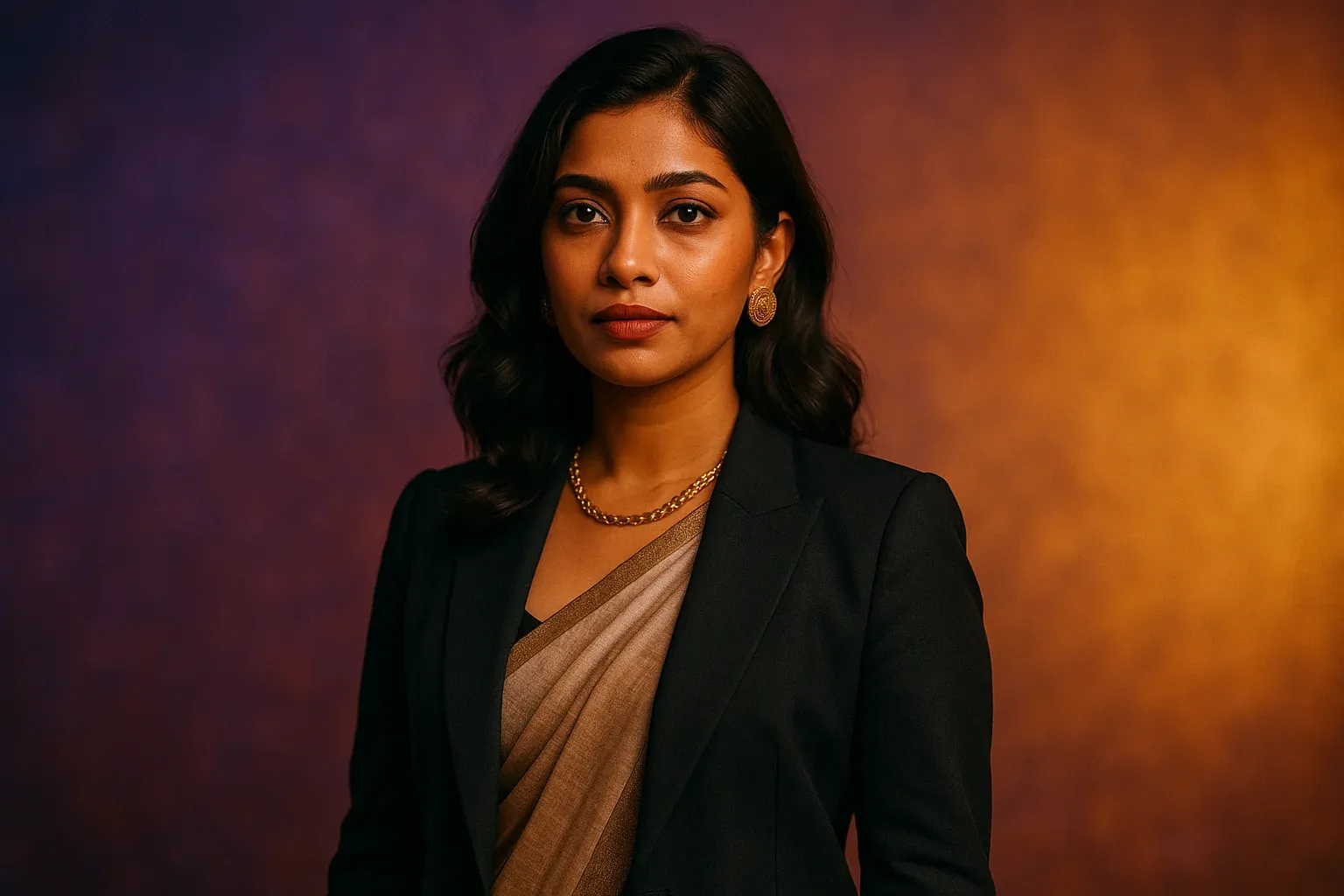 High-resolution portrait of stylish Bangladeshi woman on purple and gold gradient background