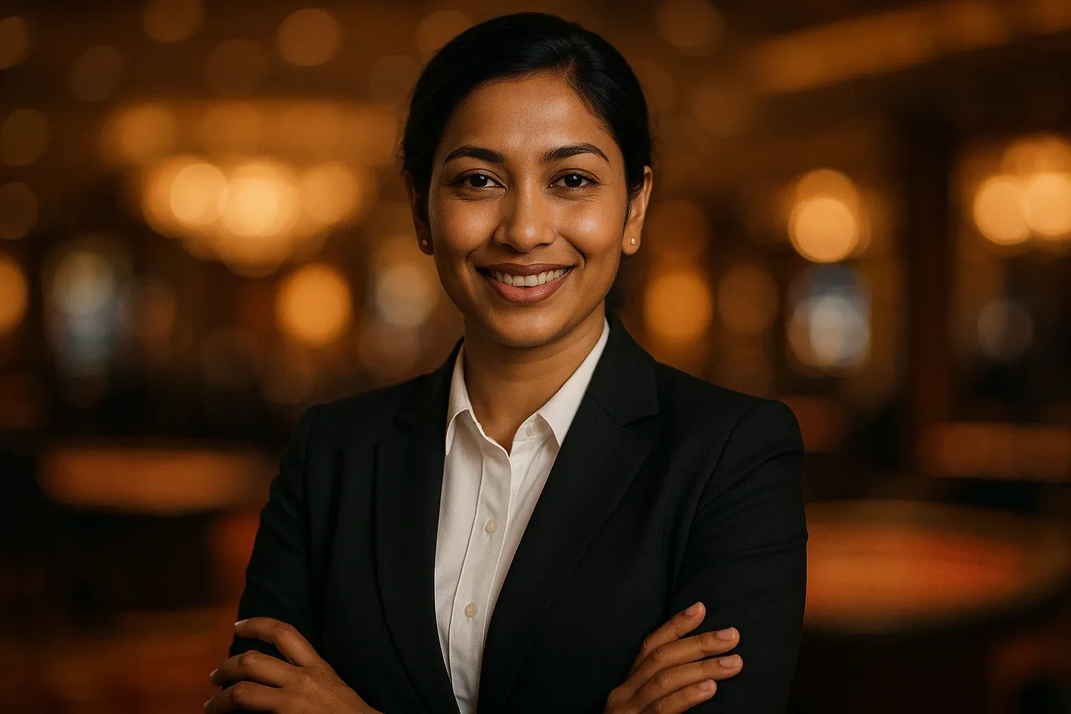Elegant Bangladeshi businesswoman smiling in formal attire with blurred casino background