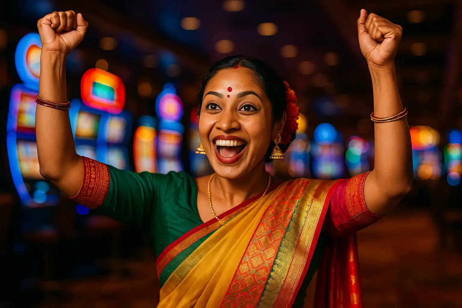 Excited Bangladeshi woman celebrating with raised arms near blurred slot machines